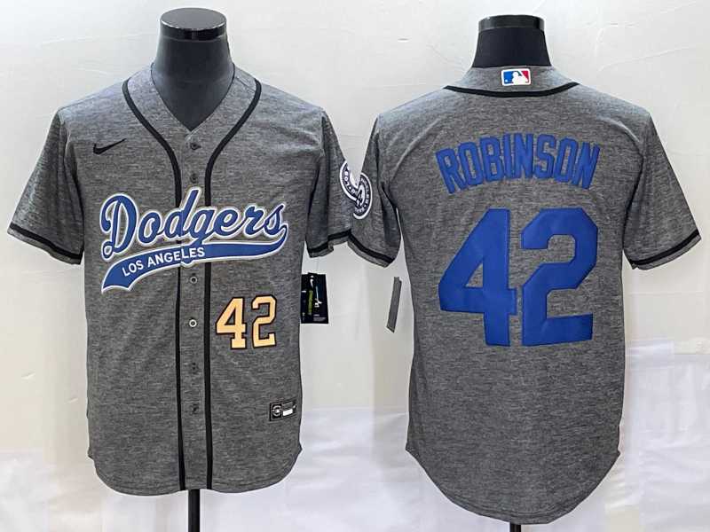 Men%27s Los Angeles Dodgers #42 Jackie Robinson Number Grey Gridiron Cool Base Stitched Baseball Jersey->los angeles dodgers->MLB Jersey